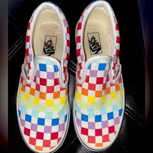 Vans Multi colored checkered slip ons.